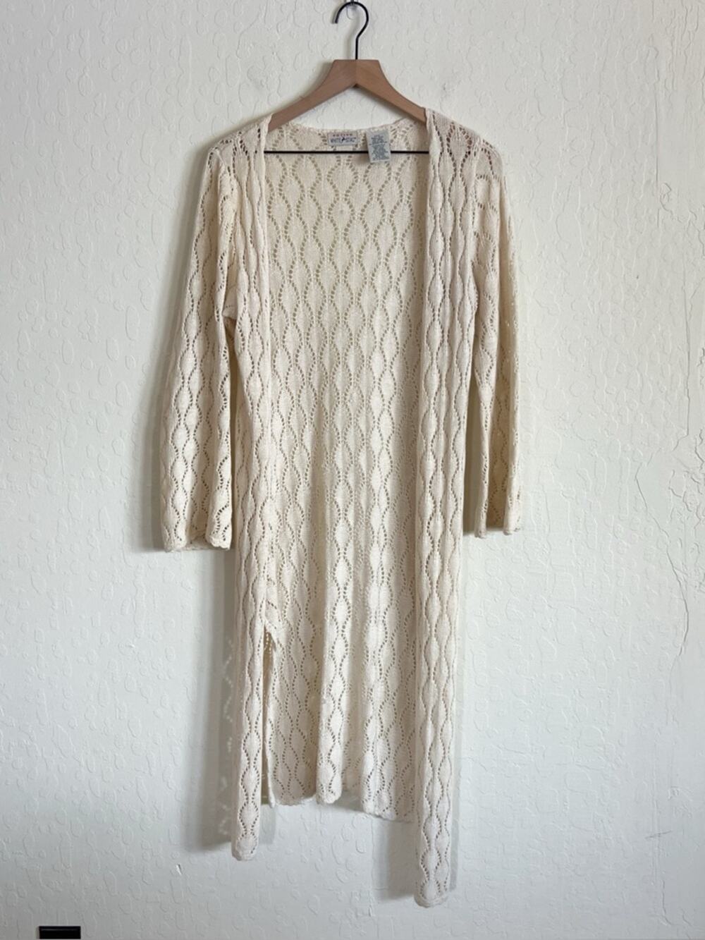 Vintage White Stag Cotton Ramie Crochet Knit Open Front Long Cardigan Small Pet